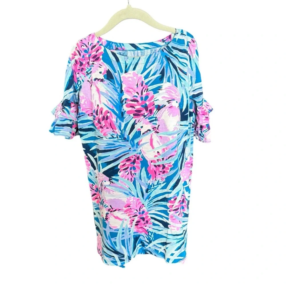 Lilly Pulitzer Girls M 7/8 Tropical Palm Print Ruffle Sleeve Dress Blue Pink V7